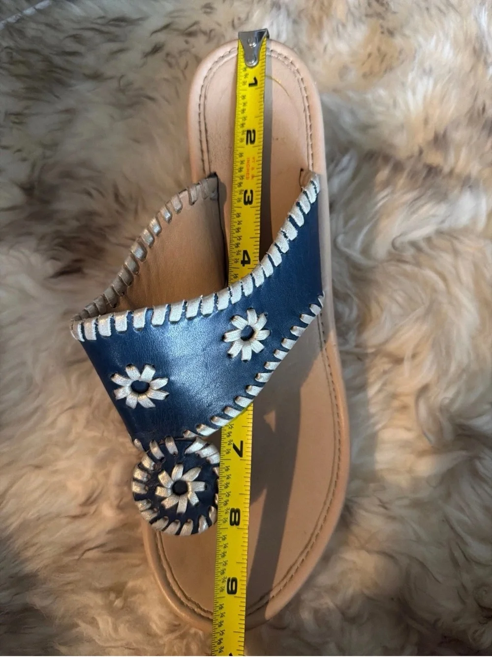 Jack Rogers Navy Blue & silver leather Wedge cork thing slip on hampton Sandals